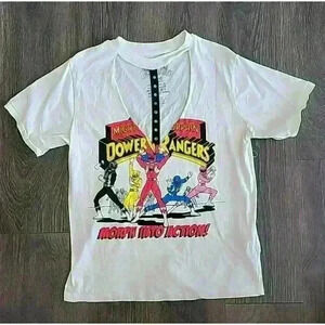 Power Rangers Women's Blouse Cut Out Front Short Sleeve Size S White Graphic T